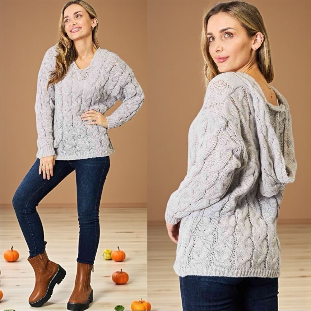 Gray Cable-Knit Hooded Sweater NWT - Woven Right - Picture 4 of 15